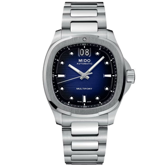Orologio automatico Mido Multifort TV Big Date uomo acciaio blu datario riserva 80H M0495261104100-1