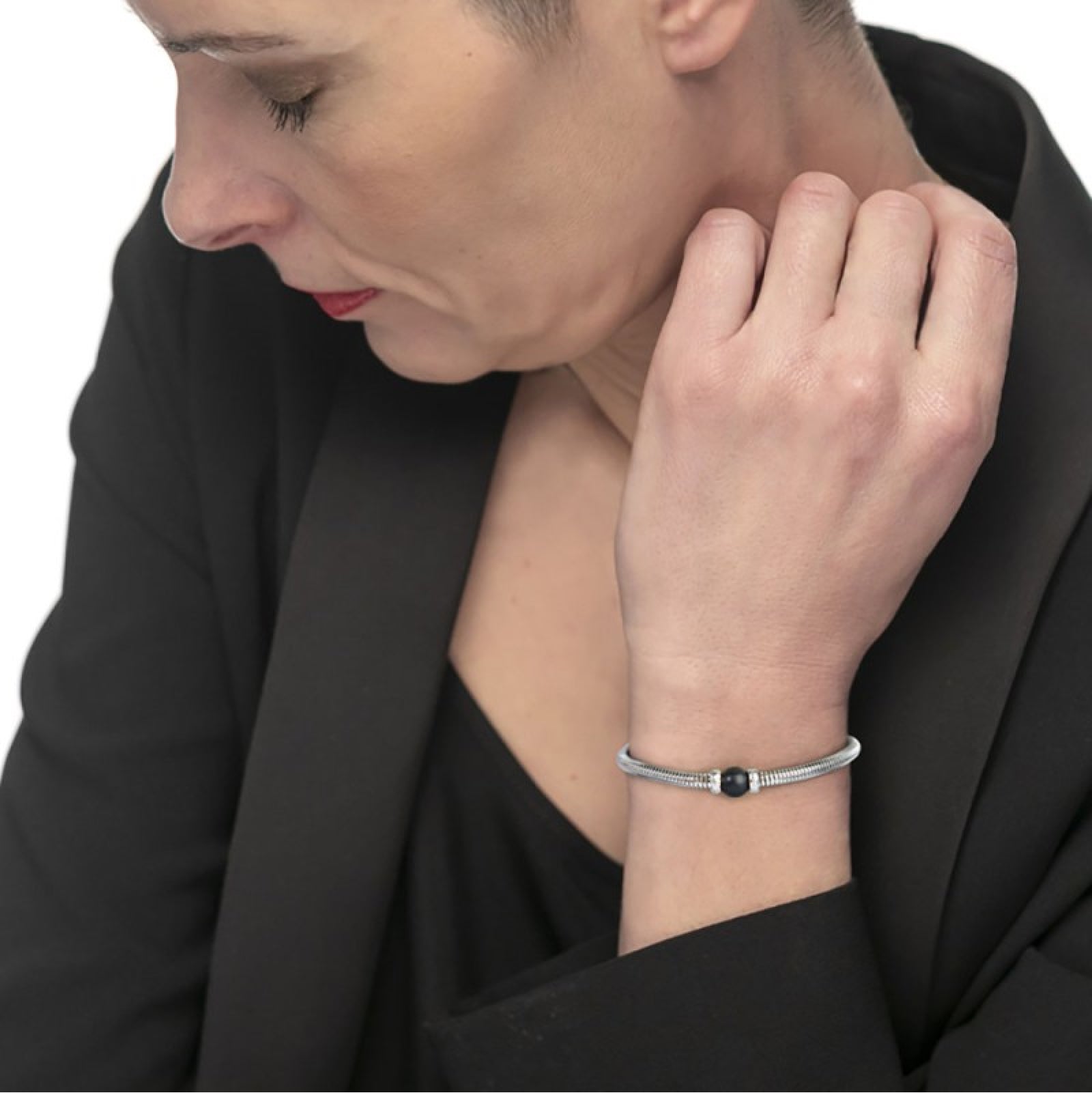 Bracciale uomo catena snake Marlù in acciaio con sfera onice Regolabile 18-21,5 cm