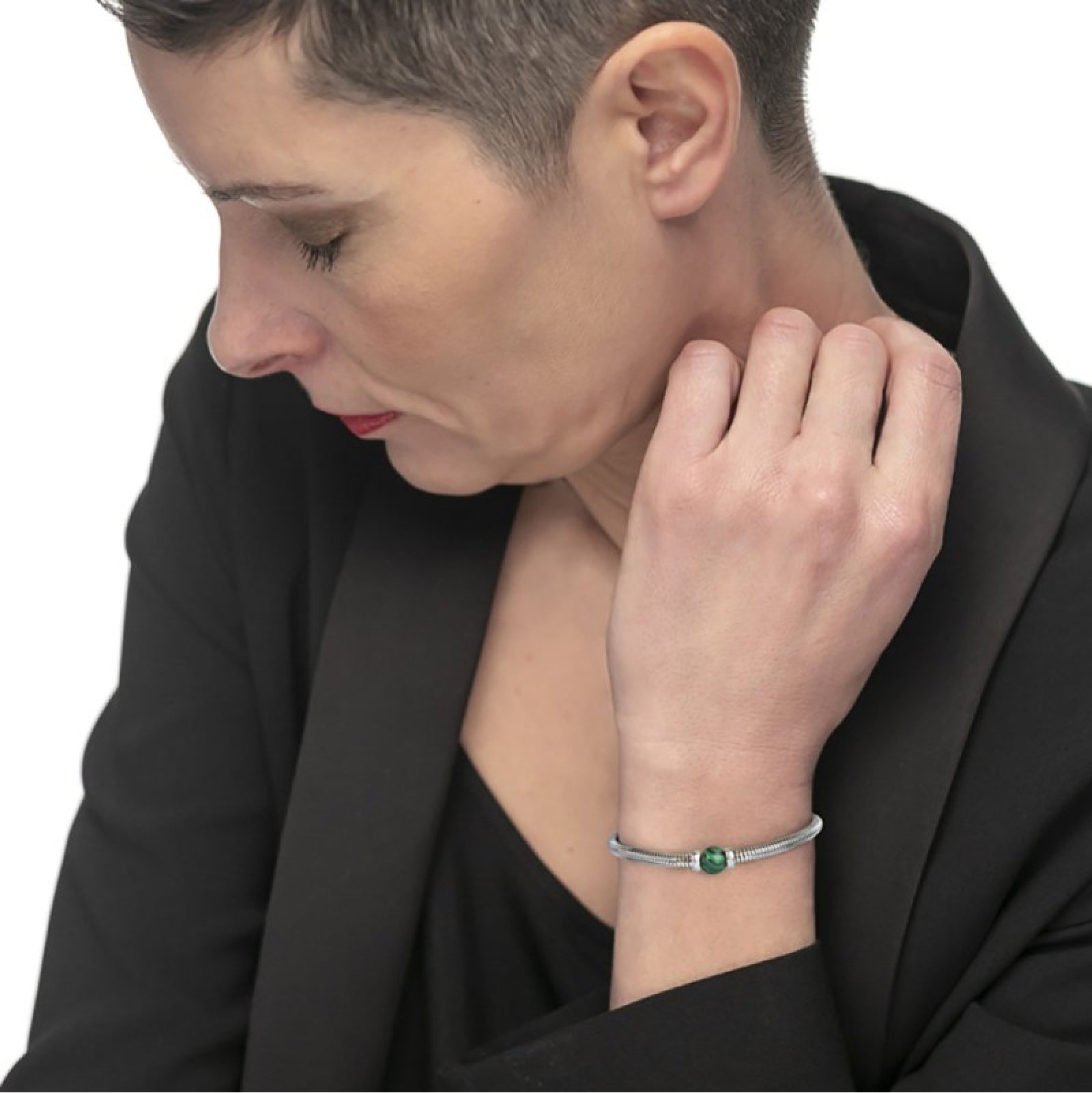 Bracciale uomo catena snake Marlù in acciaio con malachite Regolabile 18-21,5 cm