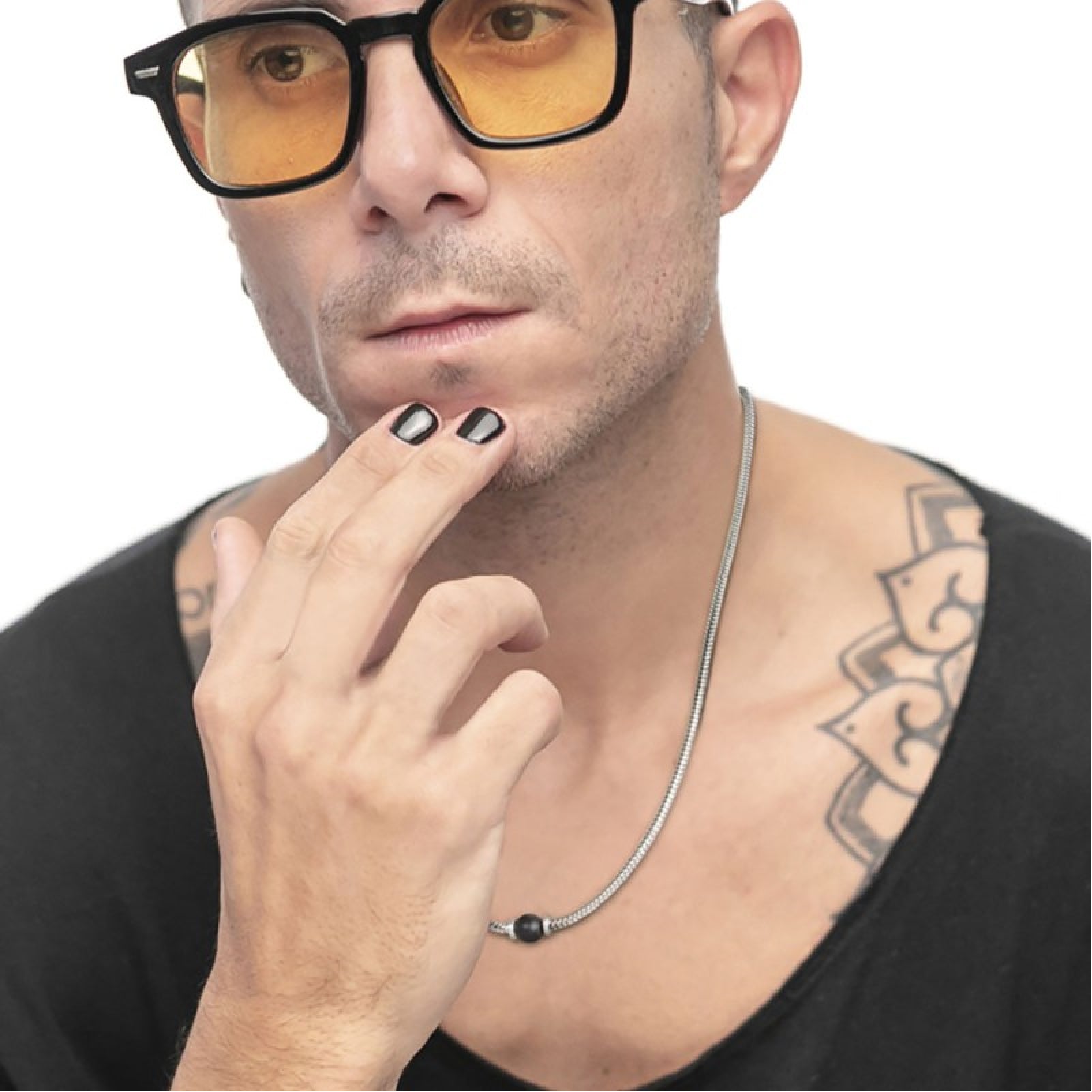 Collana uomo catena snake Marlù in acciaio con sfera onice MISURA UNICA