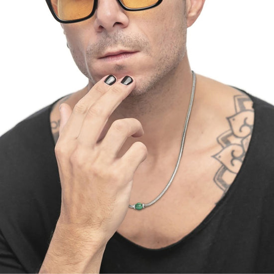 Collana uomo catena snake Marlù in acciaio con malachite MISURA UNICA