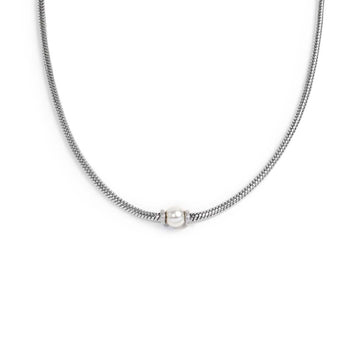Collana uomo catena snake Marlù in acciaio con perla bianca MISURA UNICA