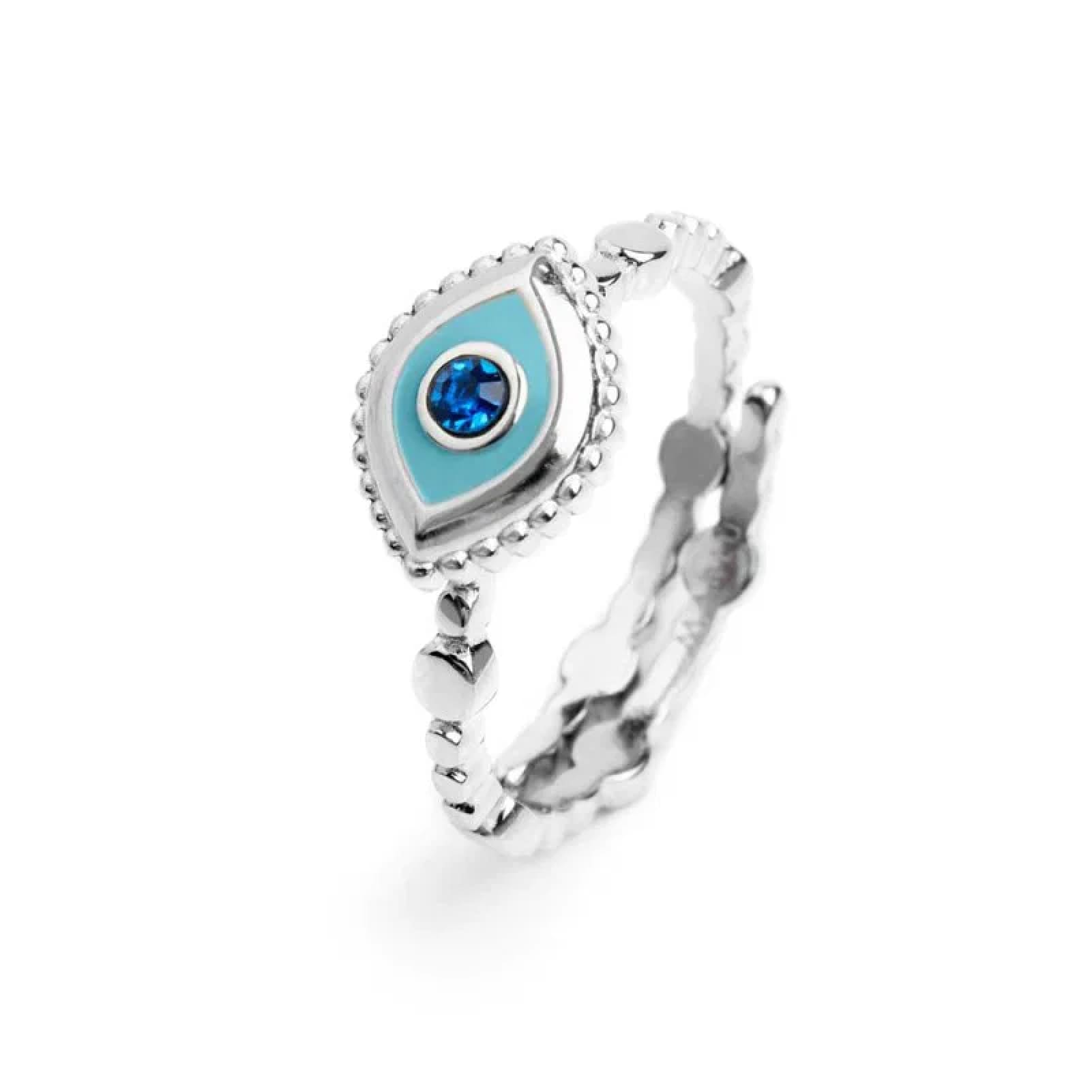 Anello regolabile Marlù in acciaio argento e occhio blu