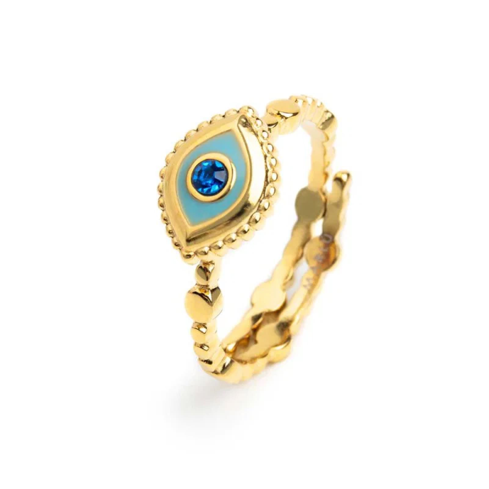 Anello regolabile Marlù in acciaio dorato e occhio blu