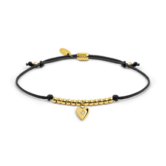 Bracciale Marlù Time To pvd oro con cordino nero e cuore REGOLABILE