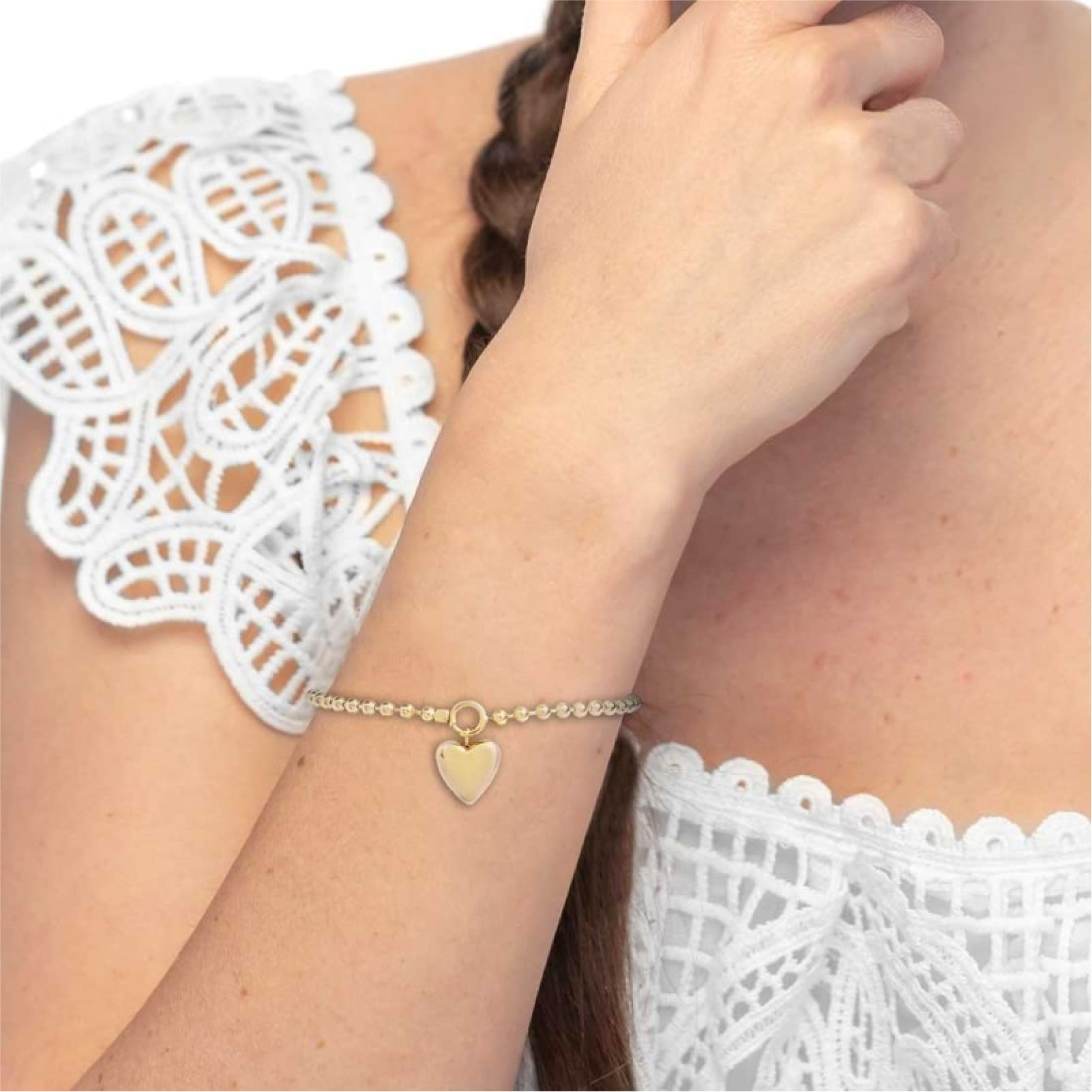 Bracciale Marlù in acciaio dorato con sfere e cuore pendente Regolabile 15-19 cm