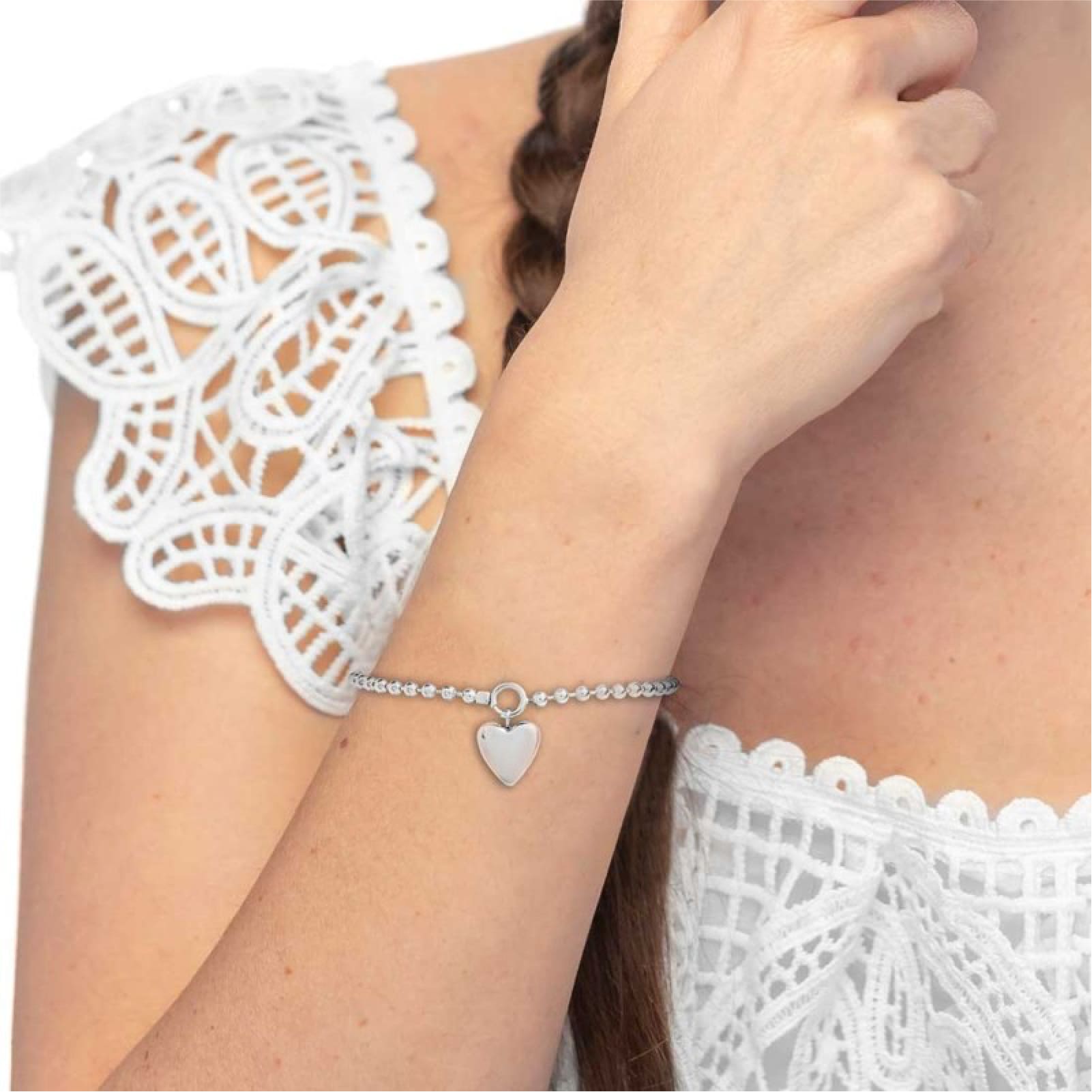 Bracciale catena Marlù in acciaio con sfere e cuore pendente Regolabile 15-19 cm