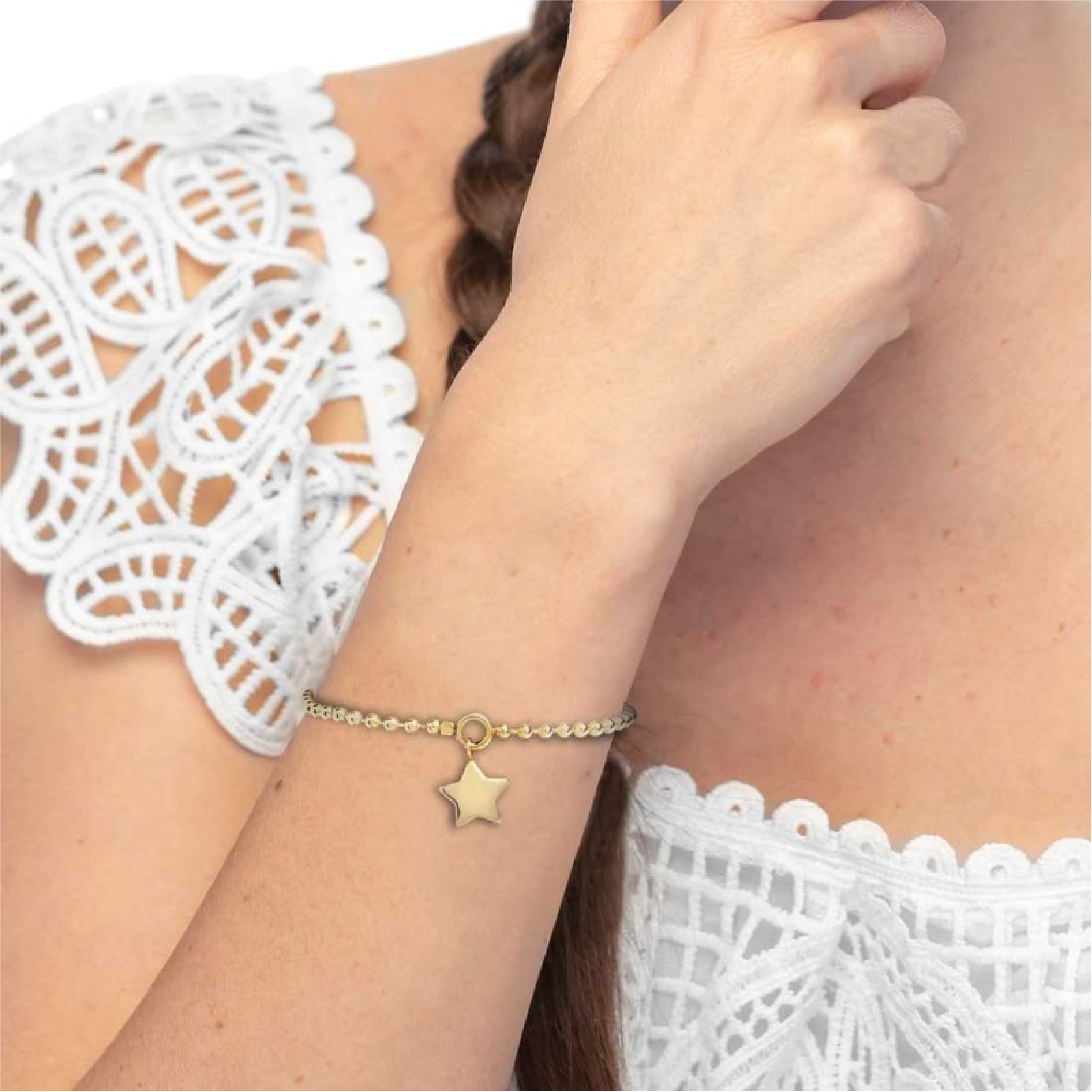 Bracciale Marlù in acciaio dorato con sfere e stella pendente Regolabile 15-19 cm