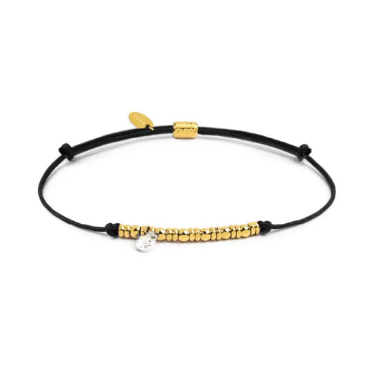 Bracciale Marlù in acciaio pvd oro cordino nero e zircone REGOLABILE