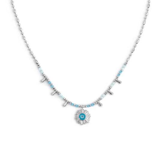 Collana Marlù in acciaio argento con sole pendete azzurro MISURA UNICA