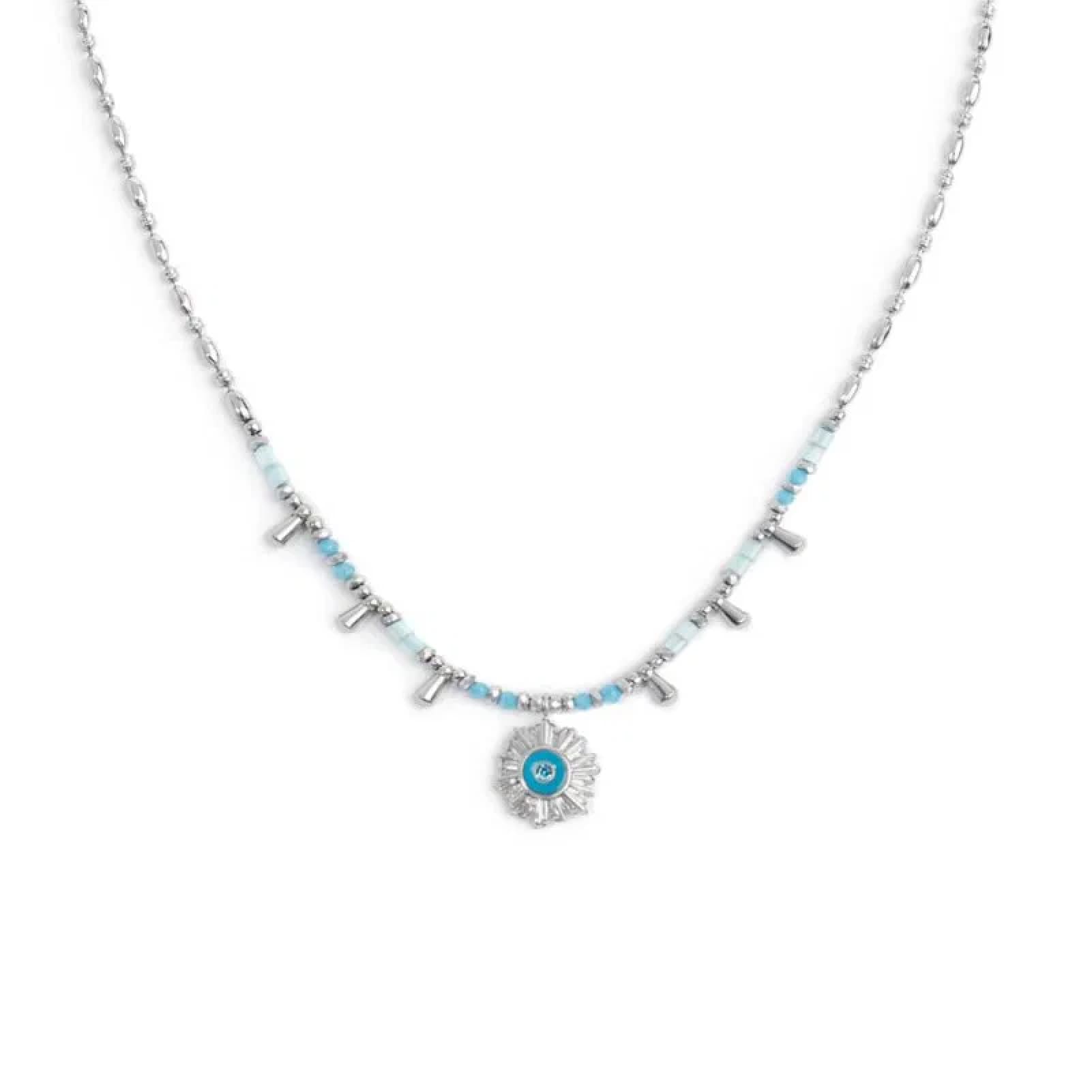 Collana Marlù in acciaio argento con sole pendete azzurro MISURA UNICA