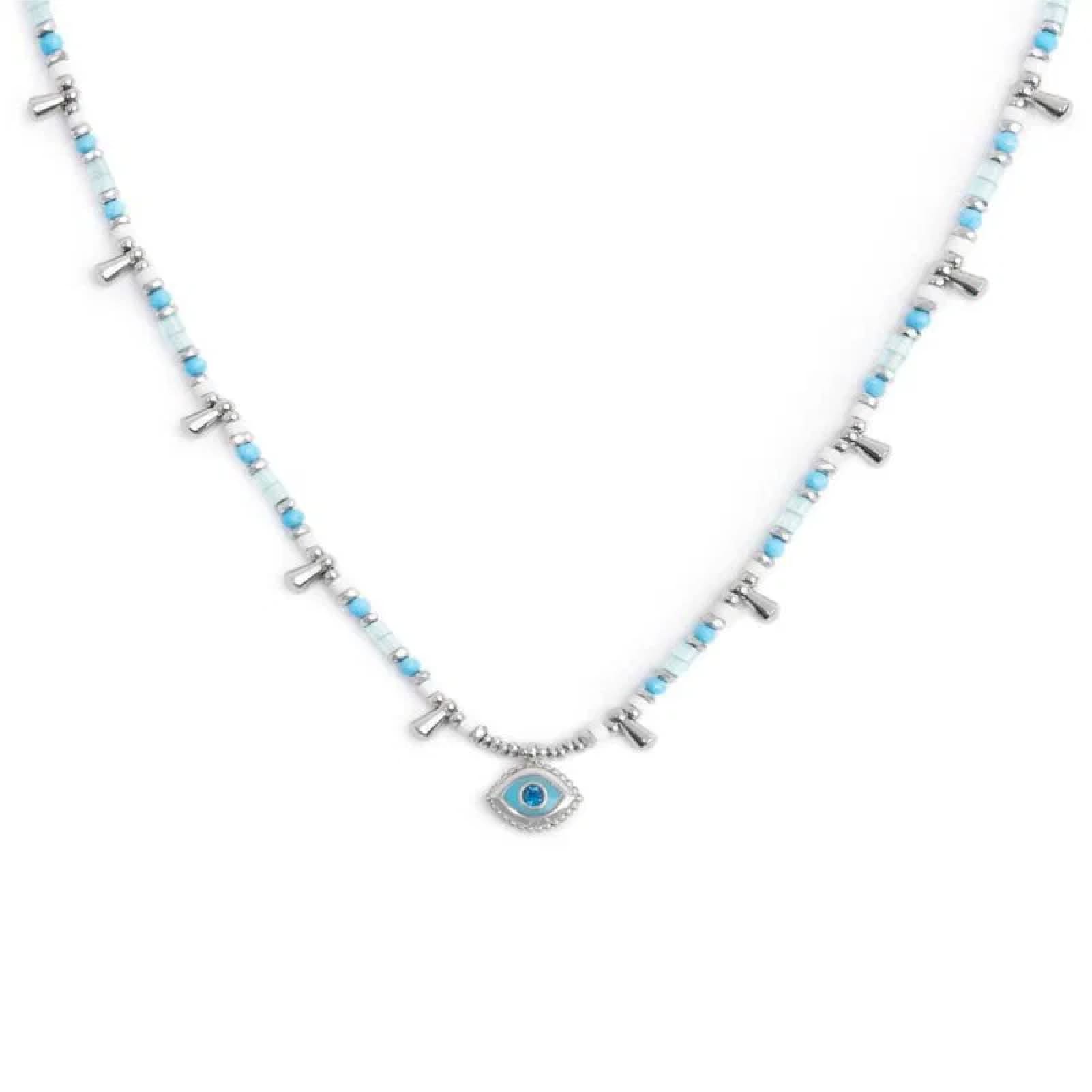 Collana Marlù in acciaio argento con occhio pendete azzurro MISURA UNICA