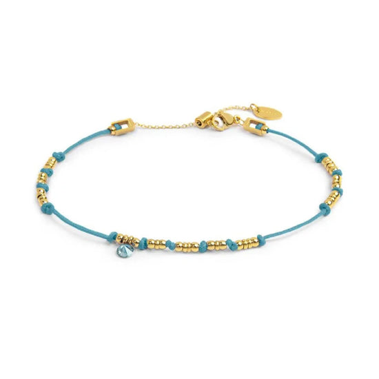 Cavigliera regolabile Marlù in acciaio oro e corda azzurro 26 cm