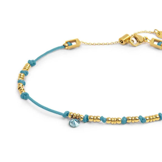 Cavigliera regolabile Marlù in acciaio oro e corda azzurro 26 cm