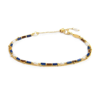 Cavigliera regolabile Marlù in acciaio oro pietre blu doppia 26 cm