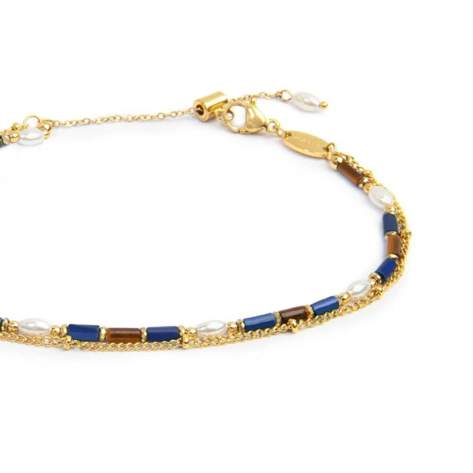 Cavigliera regolabile Marlù in acciaio oro pietre blu doppia 26 cm