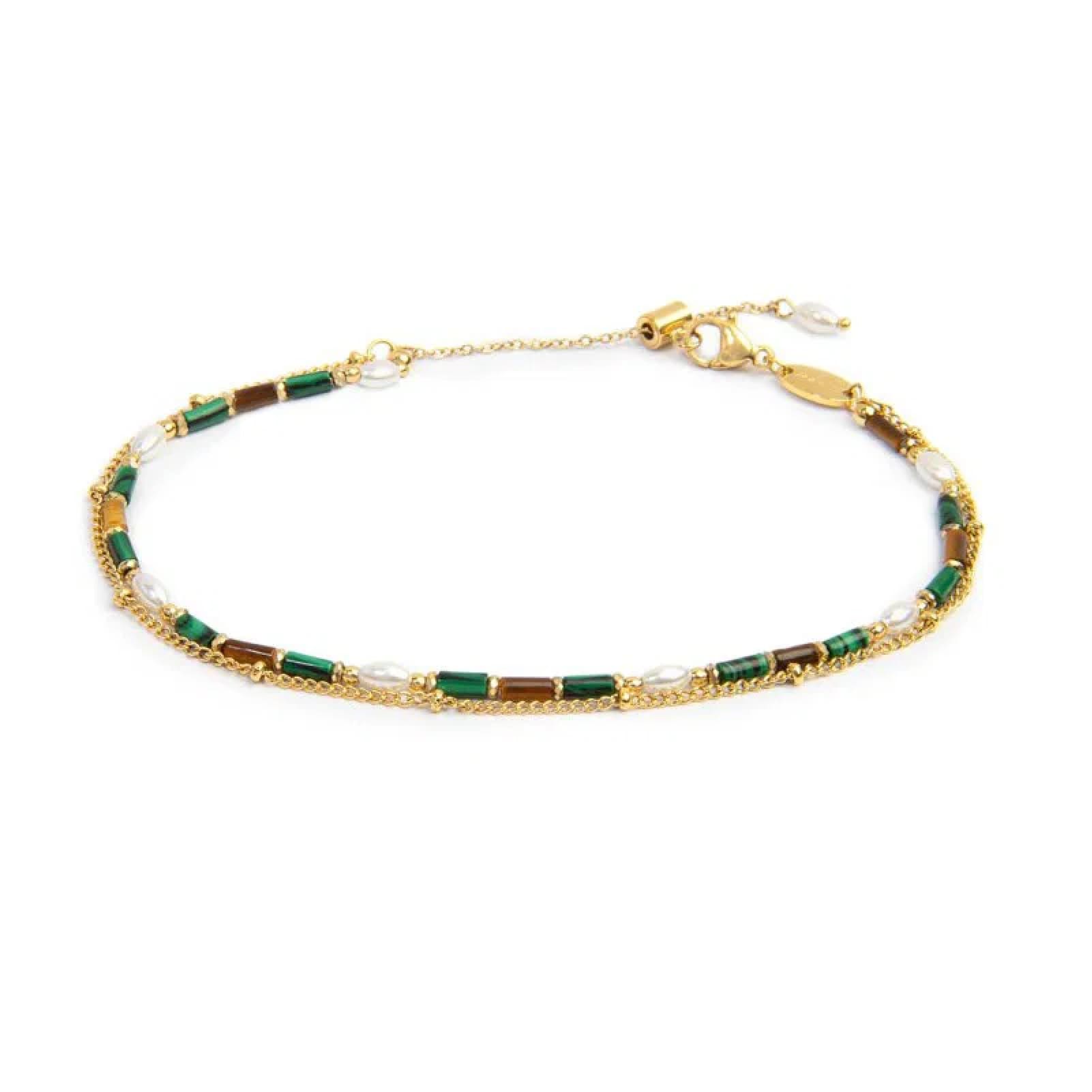 Cavigliera regolabile Marlù in acciaio oro pietre verde doppia 26 cm