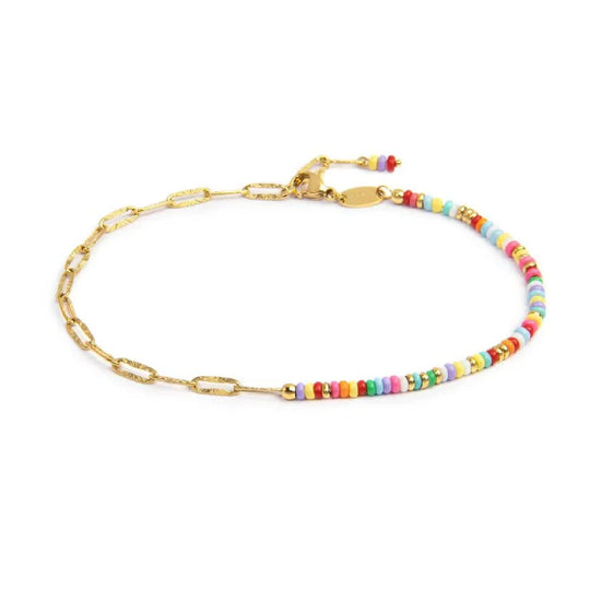 Cavigliera catena Marlù in acciaio oro perline multicolor 26 cm