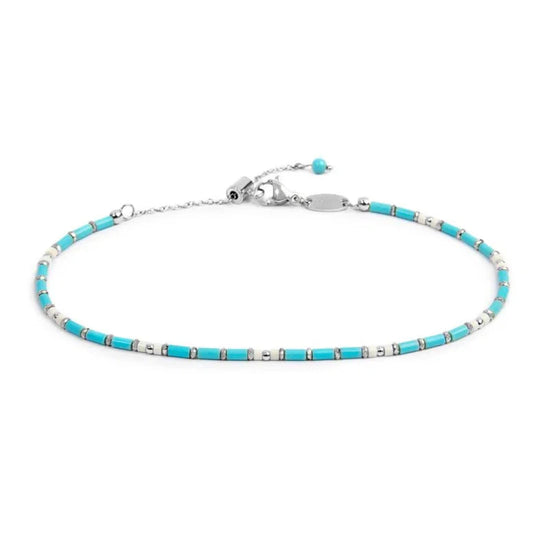 Cavigliera regolabile Marlù in acciaio perline tubo azzurre 26 cm