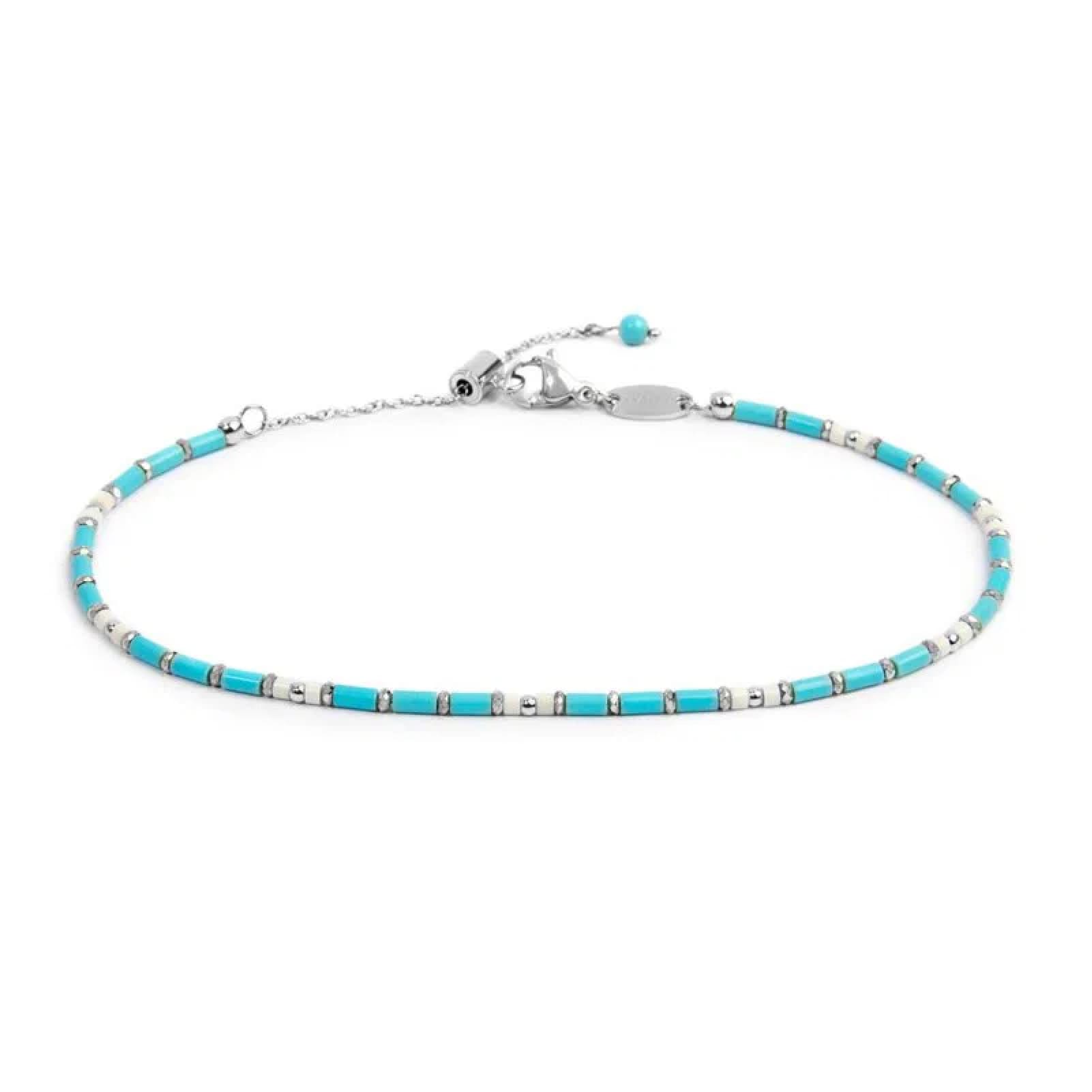 Cavigliera regolabile Marlù in acciaio perline tubo azzurre 26 cm