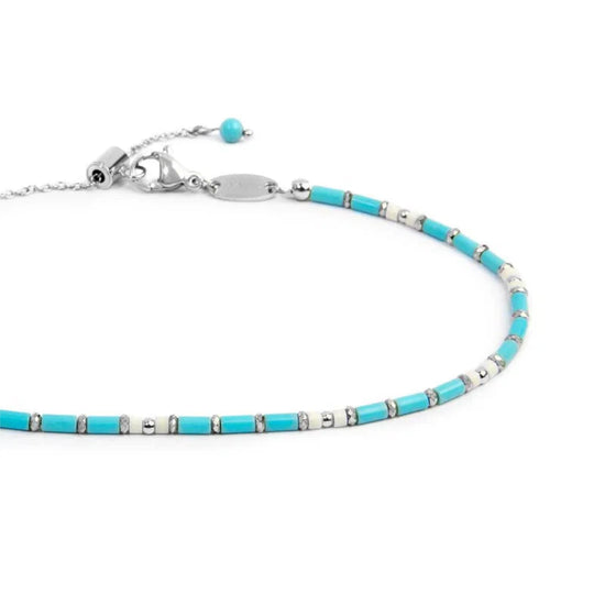 Cavigliera regolabile Marlù in acciaio perline tubo azzurre 26 cm