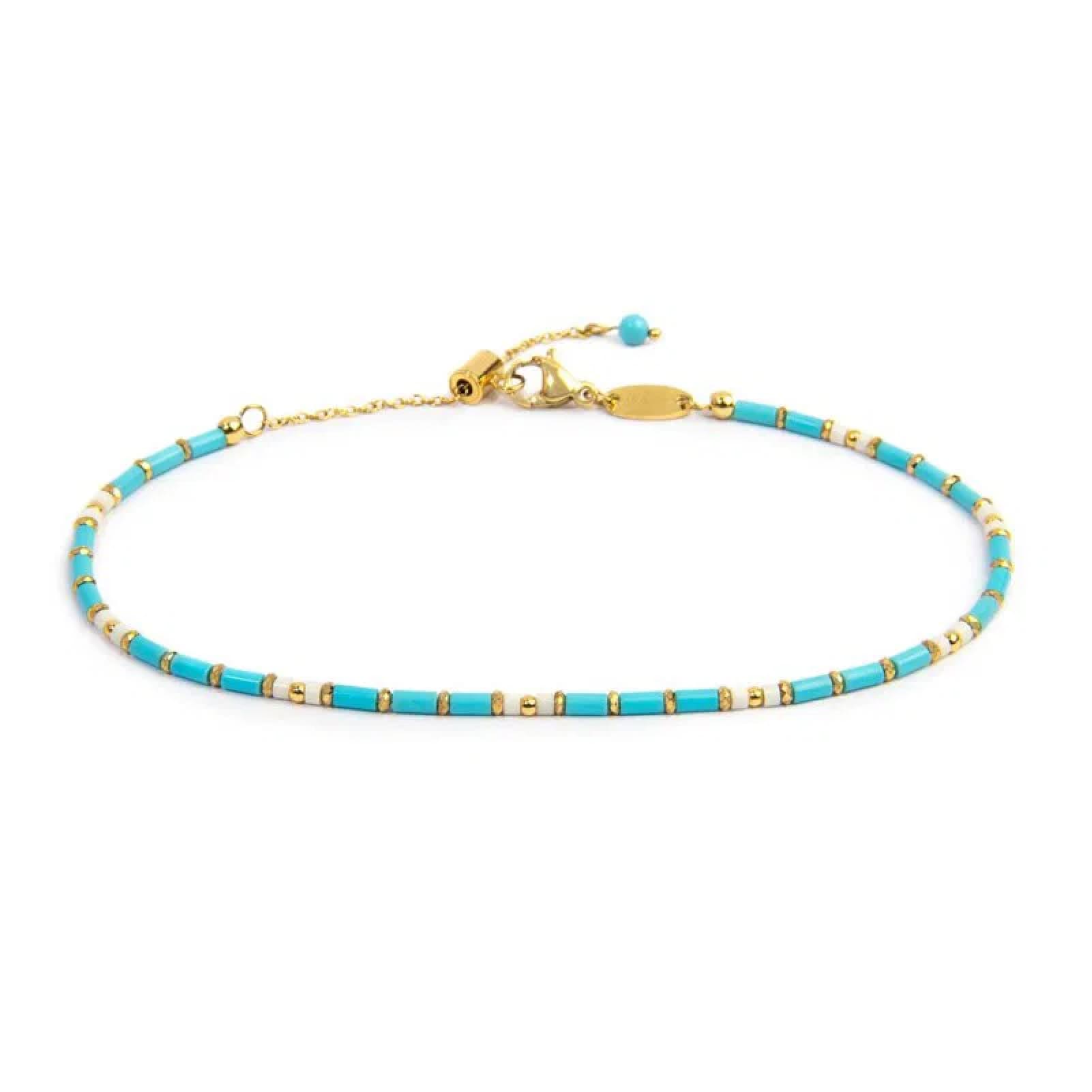 Cavigliera regolabile Marlù acciaio oro perline tubo azzurre 26 cm