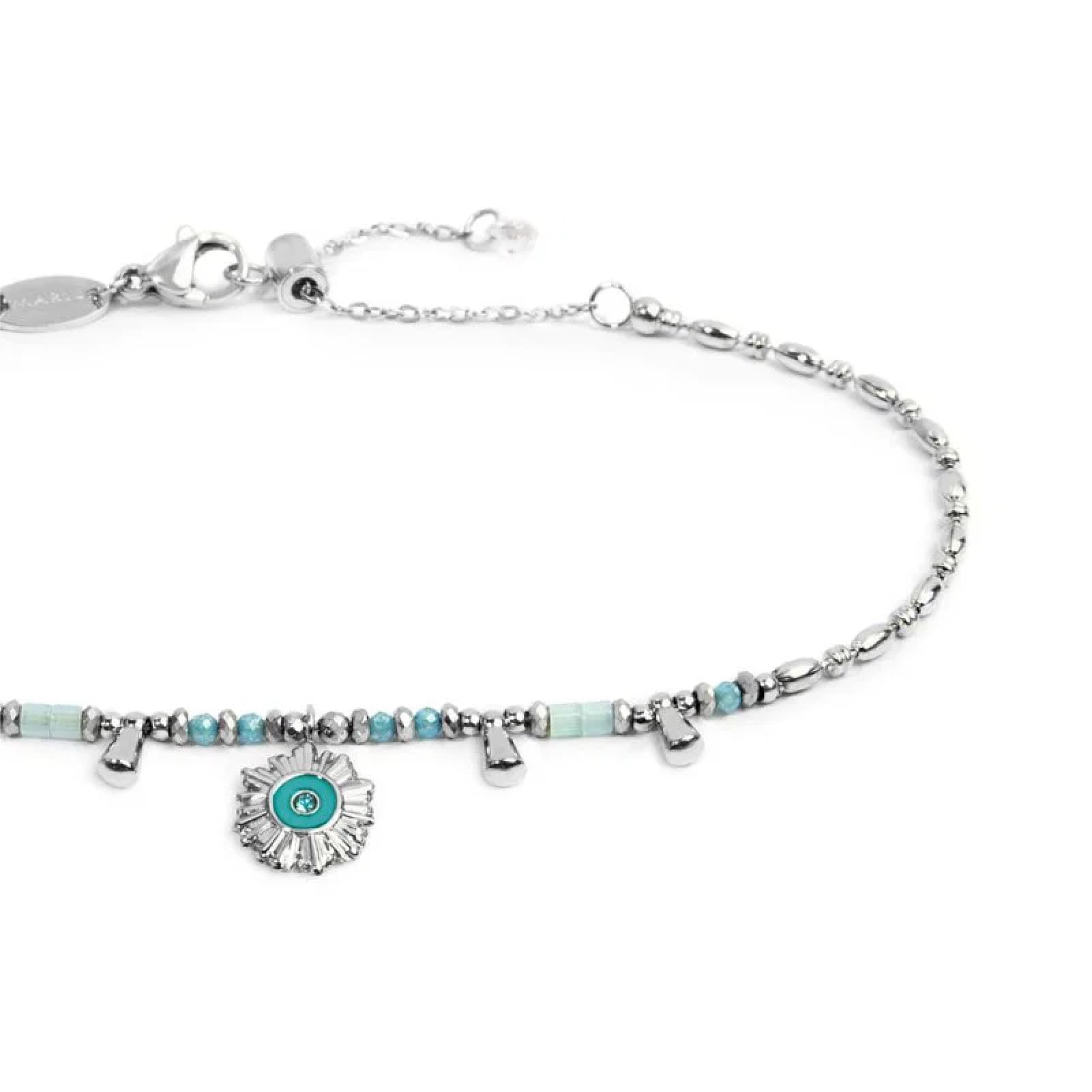 Cavigliera regolabile Marlù acciaio perline azzurre pendenti 26 cm