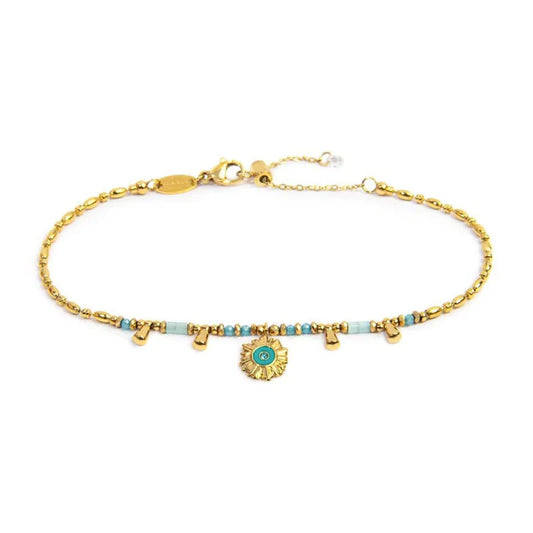 Cavigliera regolabile Marlù acciaio oro perline azzurre 26 cm