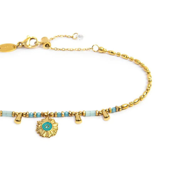 Cavigliera regolabile Marlù acciaio oro perline azzurre 26 cm