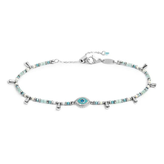 Cavigliera regolabile Marlù in acciaio perline azzurre occhio 26 cm