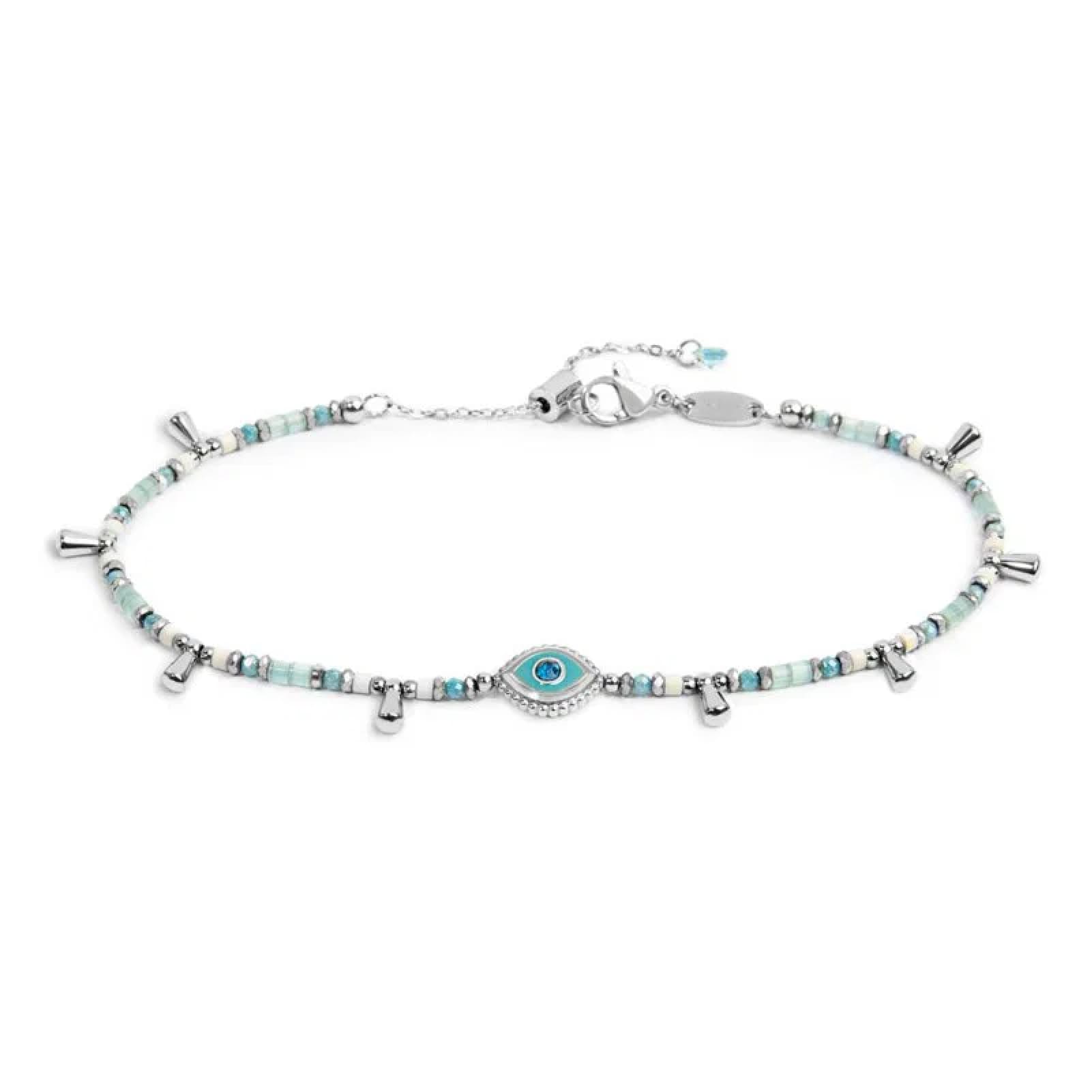 Cavigliera regolabile Marlù in acciaio perline azzurre occhio 26 cm
