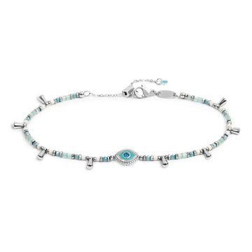 Cavigliera regolabile Marlù in acciaio perline azzurre occhio 26 cm