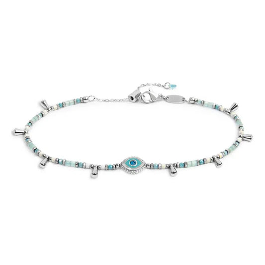 Cavigliera regolabile Marlù in acciaio perline azzurre occhio 26 cm