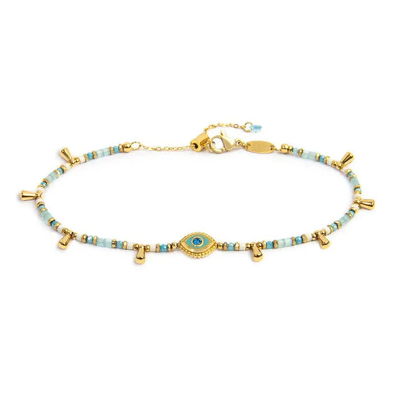 Cavigliera regolabile Marlù acciaio oro perline azzurre occhio 26 cm