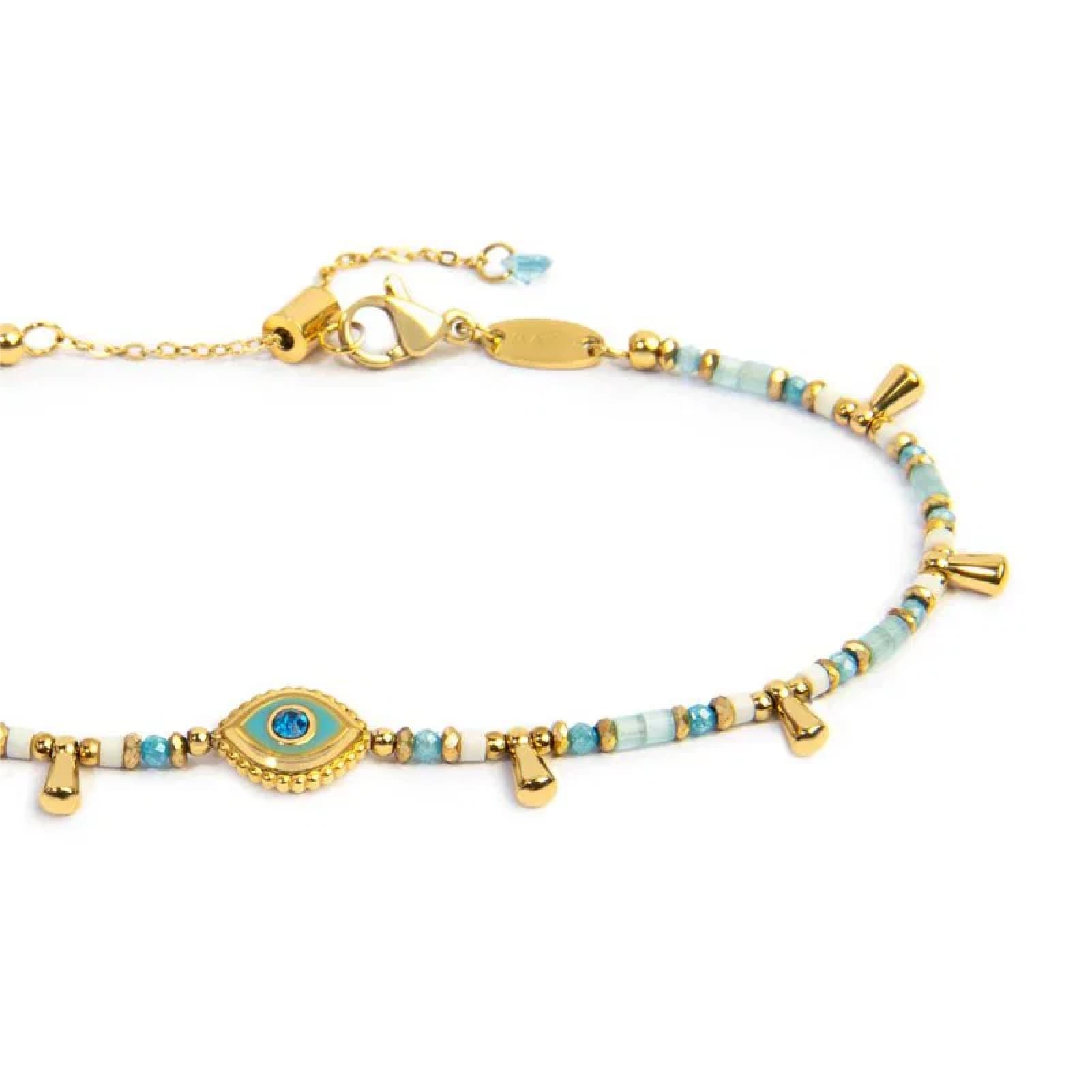 Cavigliera regolabile Marlù acciaio oro perline azzurre occhio 26 cm