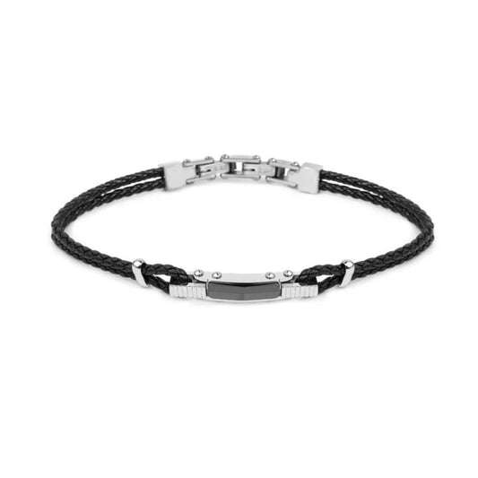 Bracciale Marlù Icons in pelle nera con elemento acciaio 21 cm