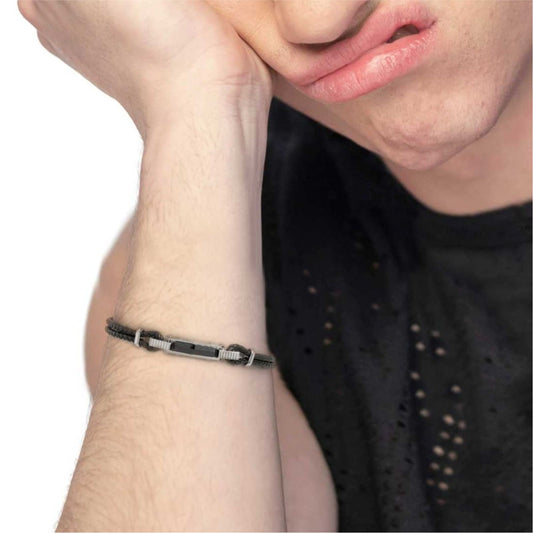 Bracciale Marlù Icons in pelle nera con elemento acciaio 21 cm