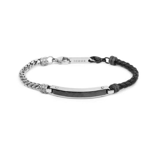 Bracciale Marlù Icons pelle nera intrecciata e catena fishbone 21 cm