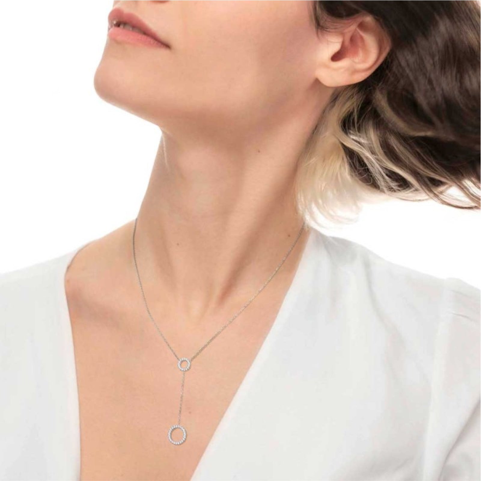 Collana girocollo Marlù in acciaio con due cerchi e zirconi MISURA UNICA
