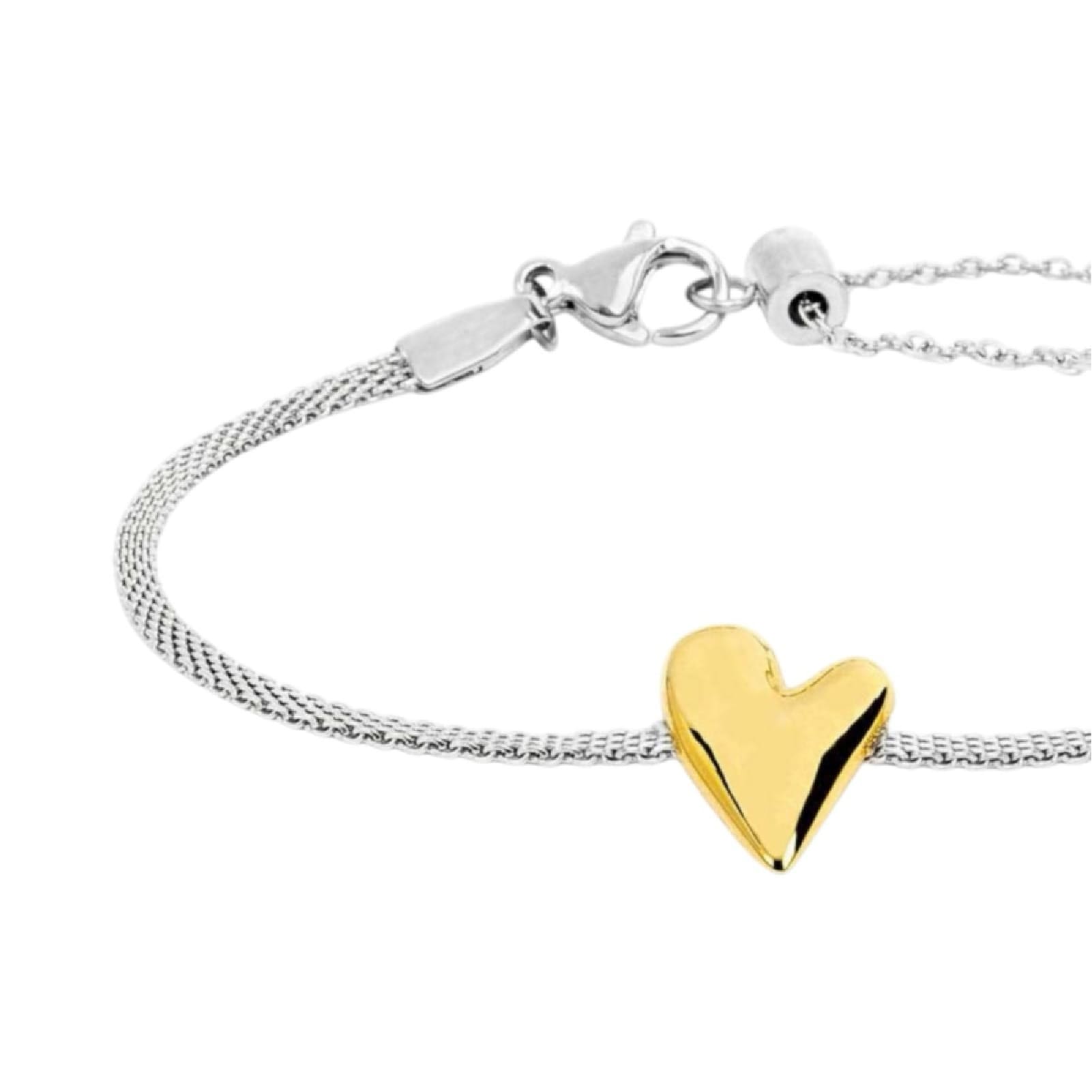 Bracciale Marlù catena mesh in acciaio e cuore acciaio dorato Regolabile 15-19 cm