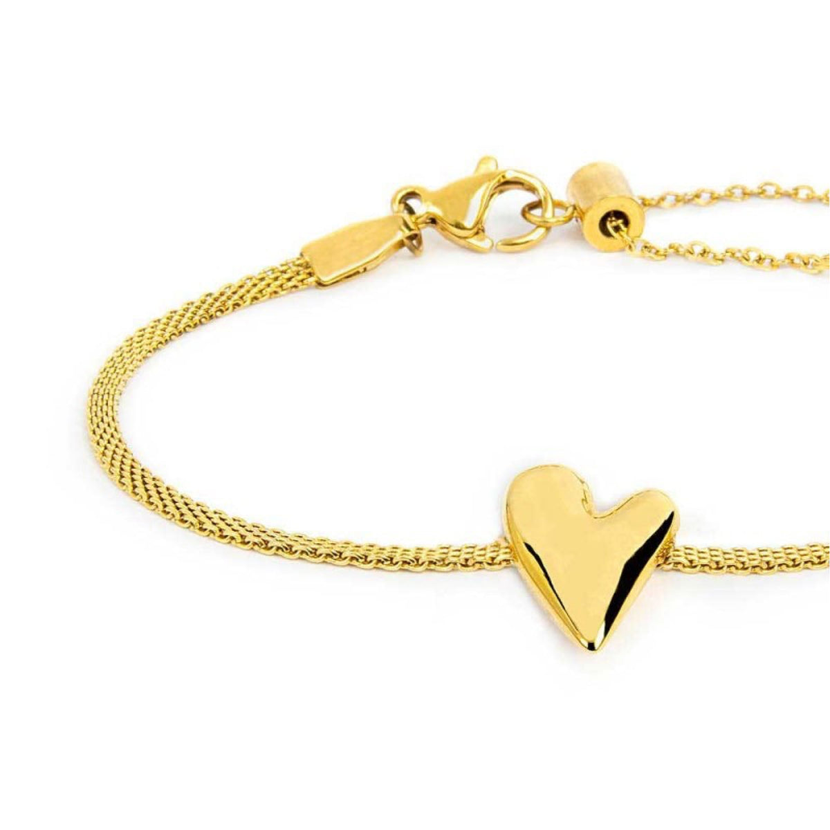 Bracciale Marlù in acciaio dorato con cuore e catena mesh Regolabile 15-19 cm