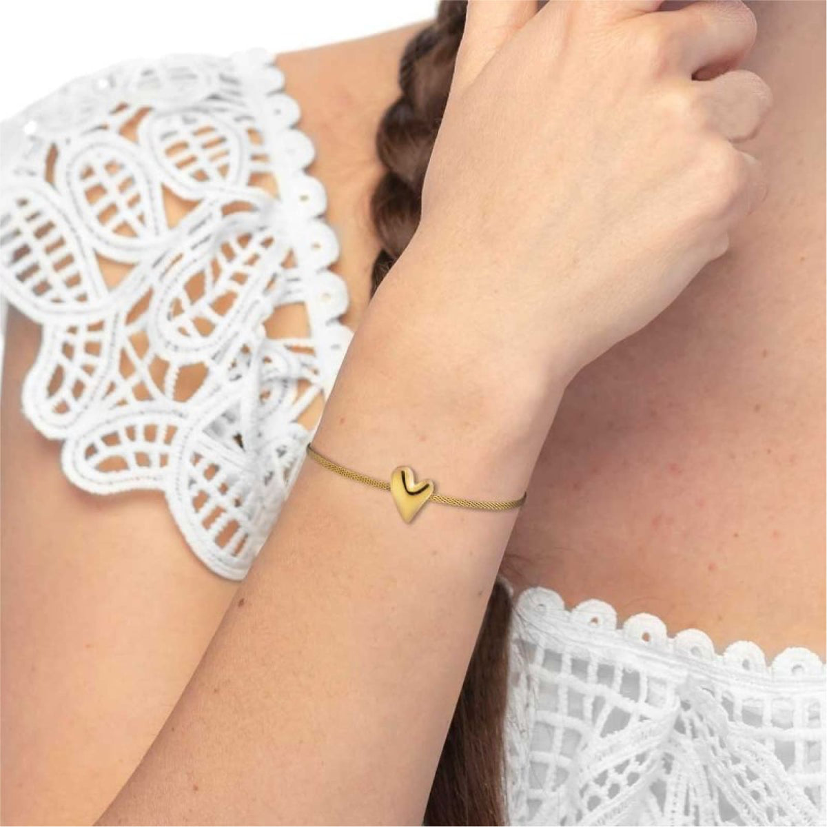 Bracciale Marlù in acciaio dorato con cuore e catena mesh Regolabile 15-19 cm