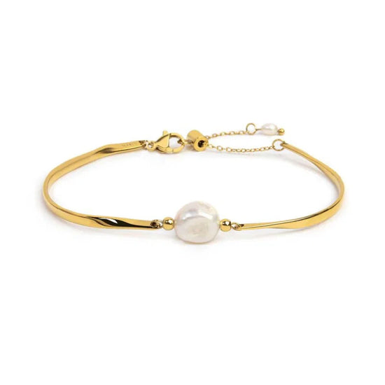 Bracciale semirigido Marlù in acciaio dorato con perla 17, 5 cm