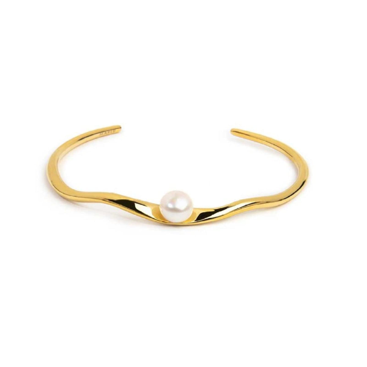Bracciale rigido in acciaio dorato con forma organica con perla diamentro 6 cm