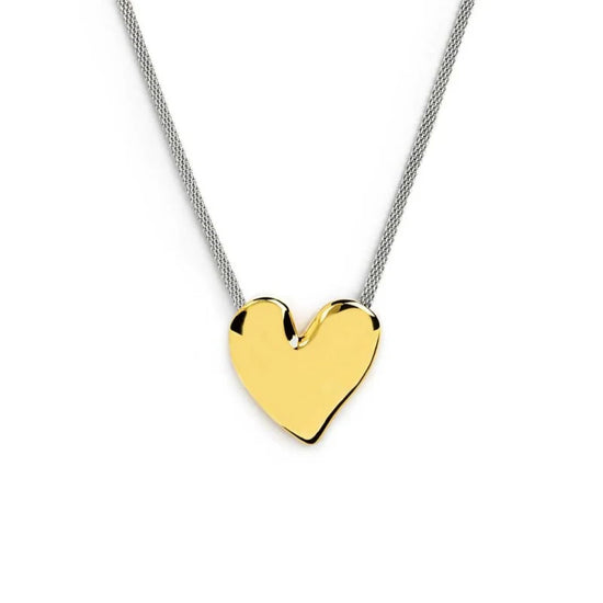 Collana Marlù catena mesh acciaio e cuore martellato dorato MISURA UNICA