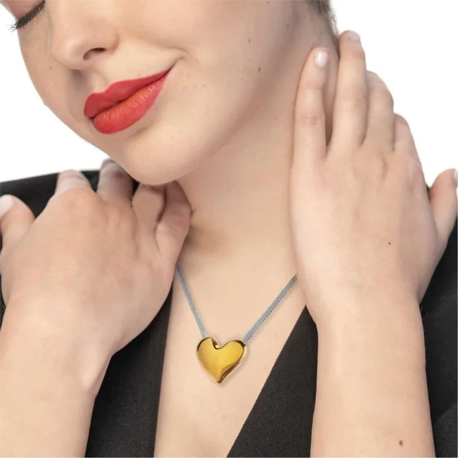 Collana Marlù catena mesh acciaio e cuore martellato dorato MISURA UNICA