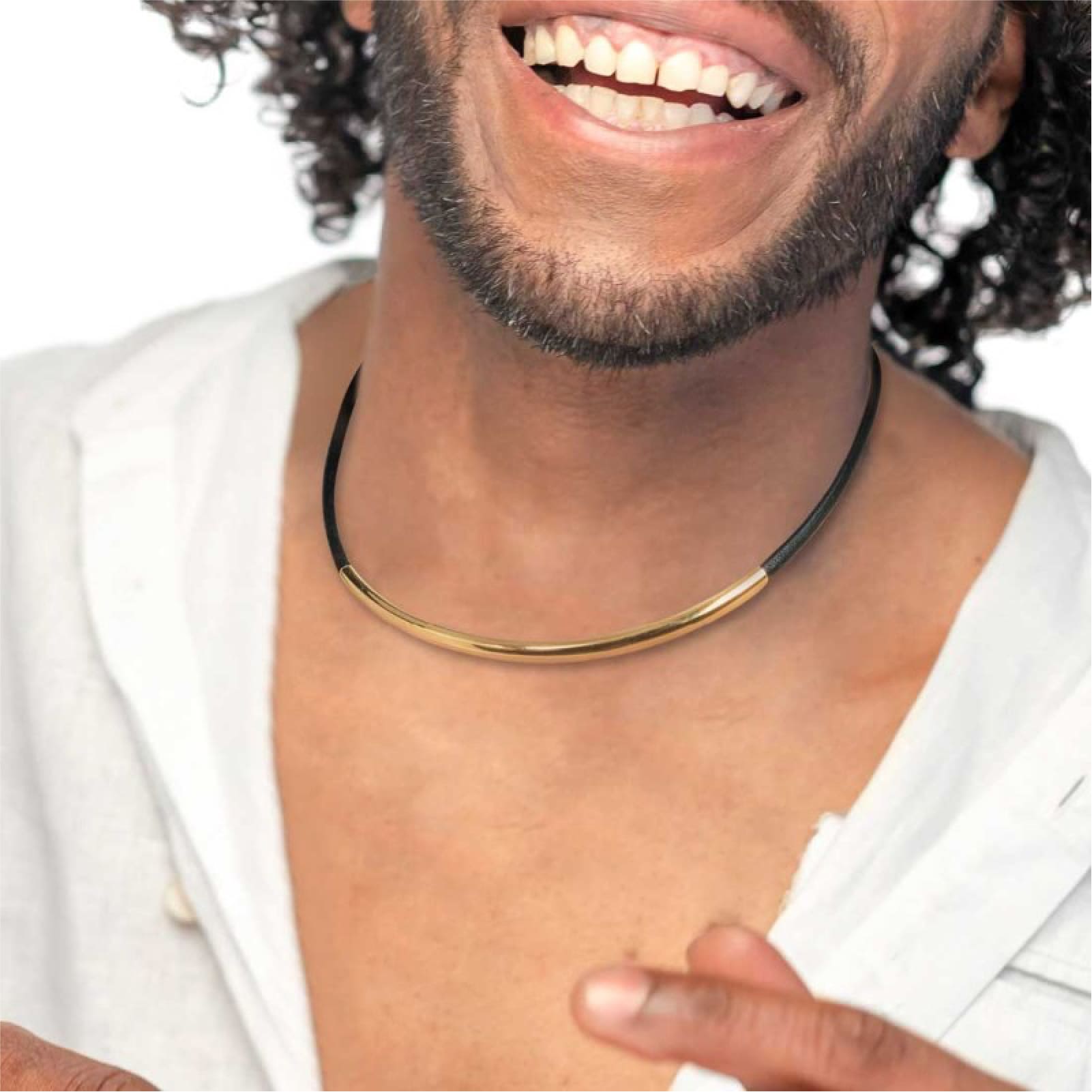 Collana Marlù cordino nero e tubolare centrale acciaio dorato MISURA UNICA