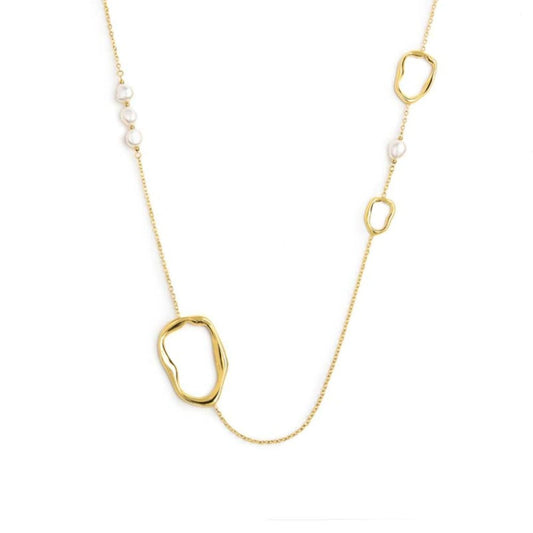 Collana lunga Marlù in acciaio dorato con elementi e perle MISURA UNICA