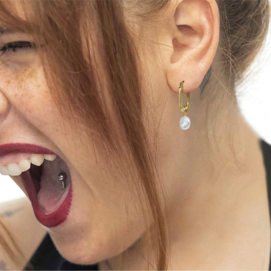 Mono orecchino rettangolo donna Marlù acciaio dorato perla MISURA UNICA