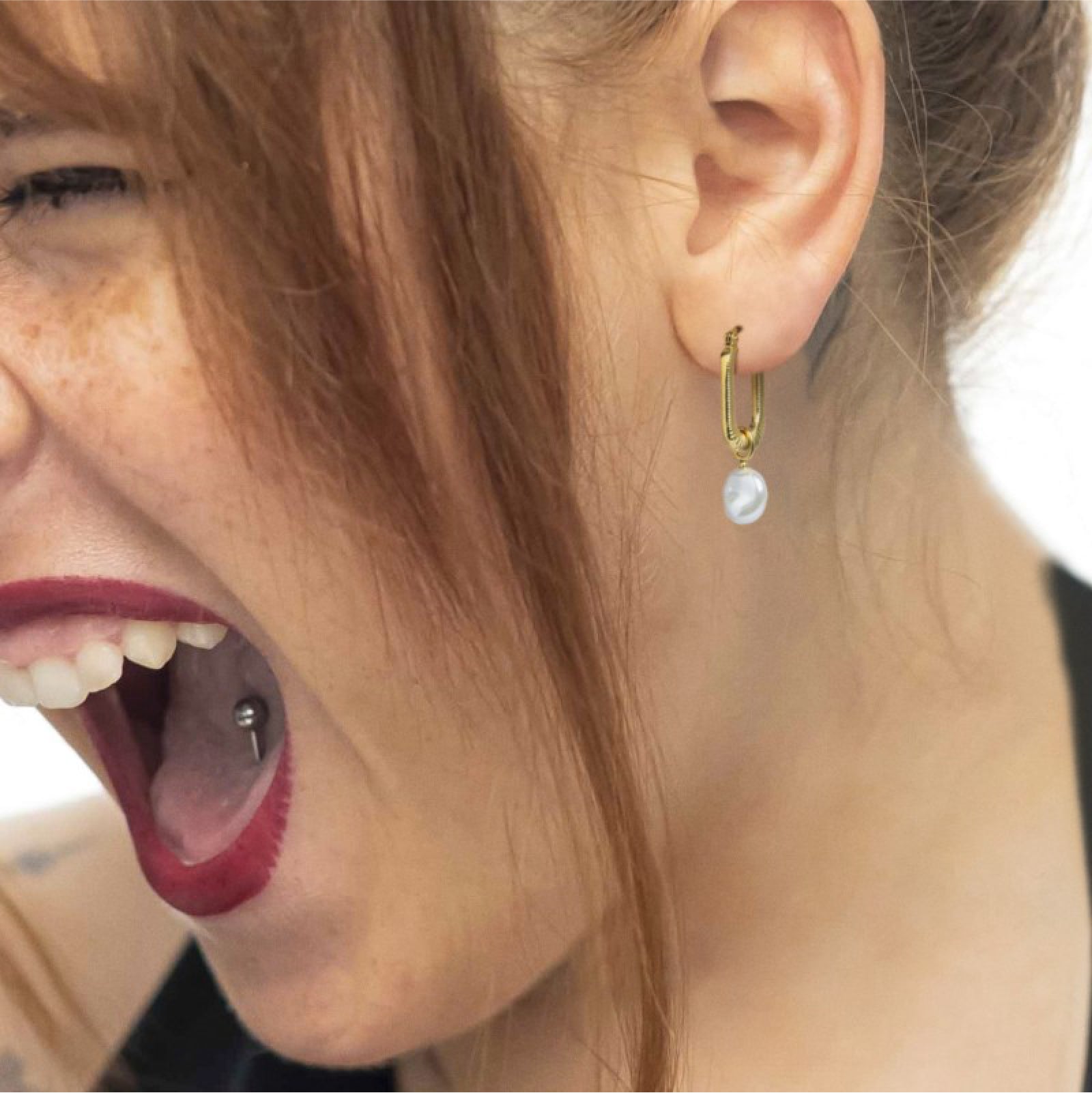 Mono orecchino rettangolo donna Marlù acciaio dorato perla MISURA UNICA